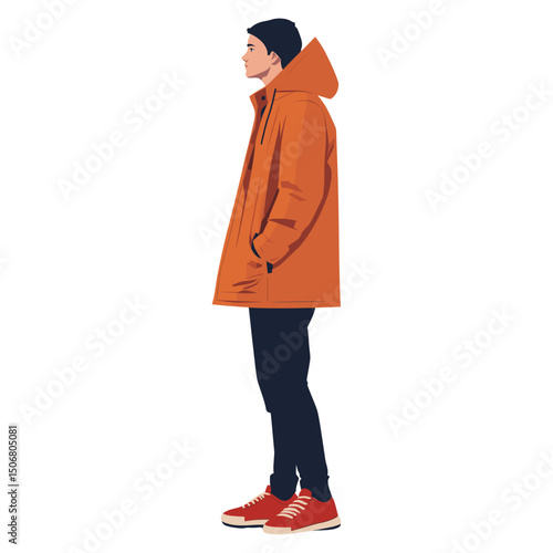 A young man in a burnt orange hooded parka illustration minimalist sneakers vector