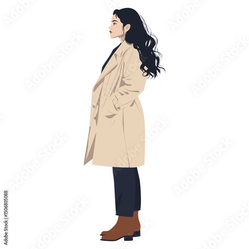 A woman wearing a long beige trench coat illustration profile modern vector