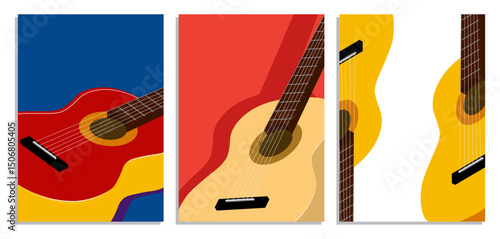 Three dimensional classical six string guitar vertical poster A4 set. Guitarist musical instrument. Minimalist classical guitar music evening vector flyer templates