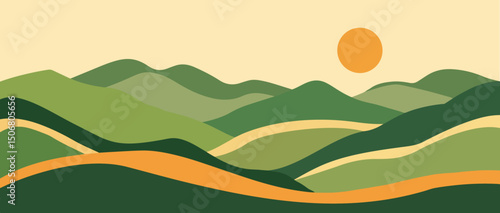 Modern abstract mountain landscape green rolling hills, golden sunset, layered mountains with soft warm tones, flat style for backgrounds, prints, posters Pro Vector
