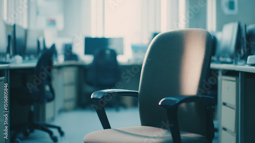 Wallpaper Mural Empty office desk with vacant chairs and computers, symbolizing workforce layoffs and corporate downsizing, representing unemployment and economic challenges in modern workplace. Torontodigital.ca