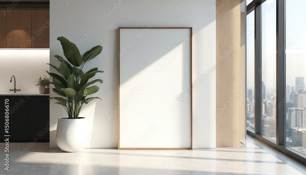 Fototapeta premium Modern office interior with large blank frame on white wall. Big plant in white pot. Black and gold divider. City view through large window. Empty space ready for advertising.