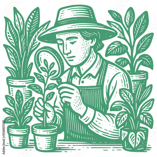 Focused female gardener or botanist in hat & apron inspects plant in pot with magnifying glass. Houseplants surround. Vintage woodcut/engraving style. Vector.