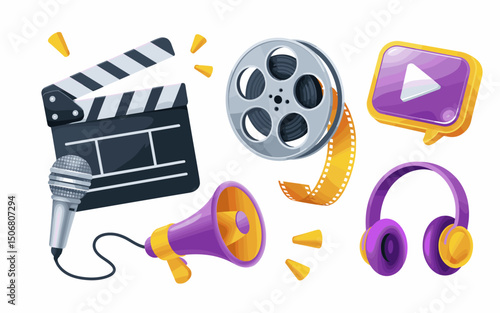 Media Production and Entertainment Symbols in a Digital Illustration  