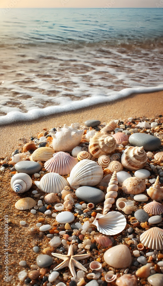 A collection of seashells and pebbles on the shore A collection of seashells and pebbles on the shore