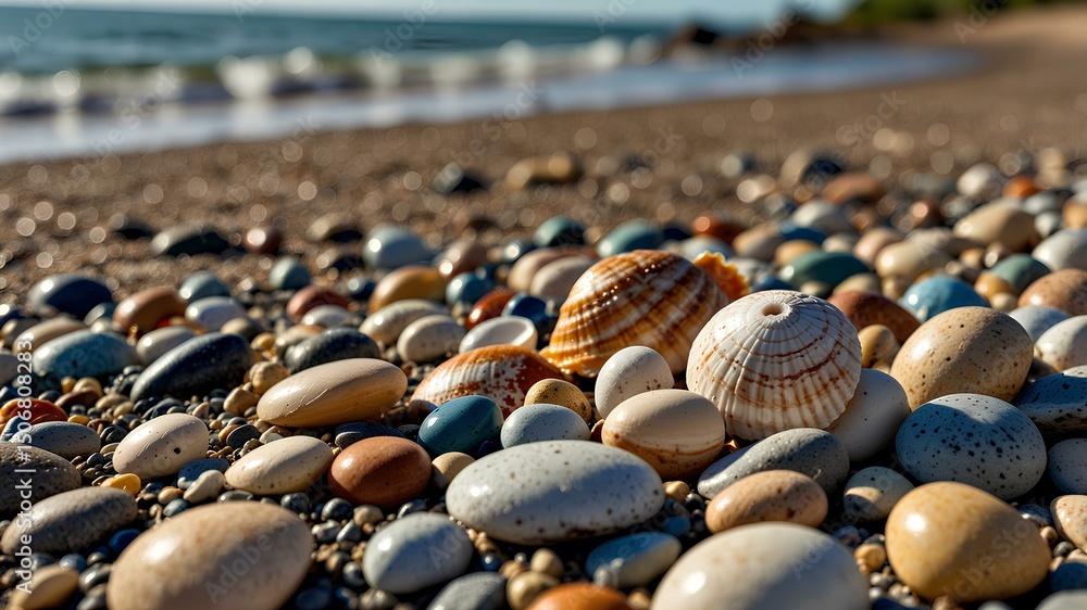 Obraz premium A collection of seashells and pebbles on the shore