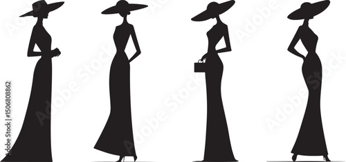 Elegant Woman Silhouettes in Gowns and Hats – Fashion Vector Illustration Set

