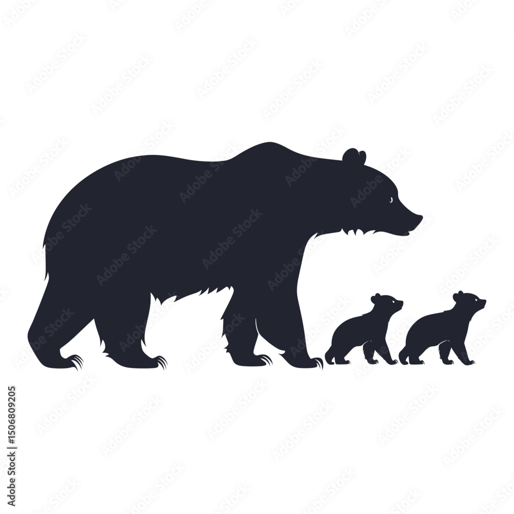 Obraz premium Bear and 2 cubs silhouette bear illustration vector