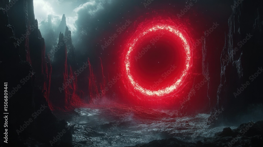 Fototapeta premium Red glowing portal fantasy landscape
