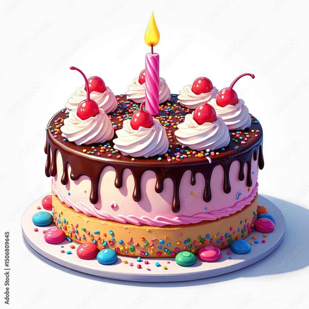 Illustration of festive birthday cake. Pink layers, chocolate ganache, whipped cream, cherries on top. Decorated with sprinkles and candy. Burning candle symbolizes celebration. Illustration of festive birthday cake. Pink layers, chocolate ganache, whipped cream, cherries on top. Decorated with sprinkles and candy. Burning candle symbolizes celebration.
