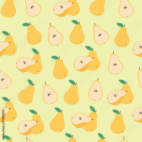 	
Cute summer doodle seamless pattern with yellow pears. Cartoon fruity tasty pattern. Perfect for wrapping paper, textile, scrapbooking paper, and kids.