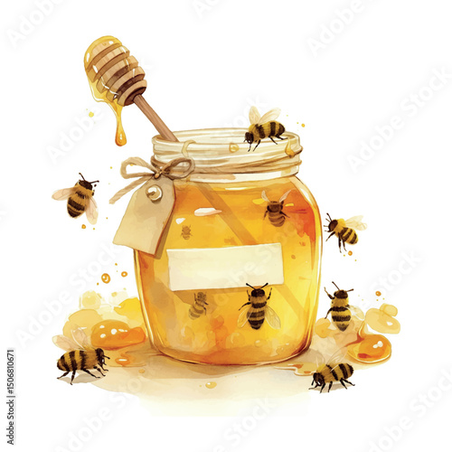 Honey jar with bees surrounding it on a white background in a vibrant and colorful illustration
