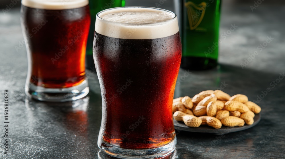Refreshing Dark Beer Glasses with Peanuts on Table Setting Refreshing Dark Beer Glasses with Peanuts on Table Setting