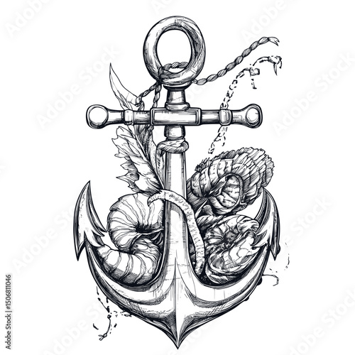 Seafood animal style with an anchor illustration drawing white vector