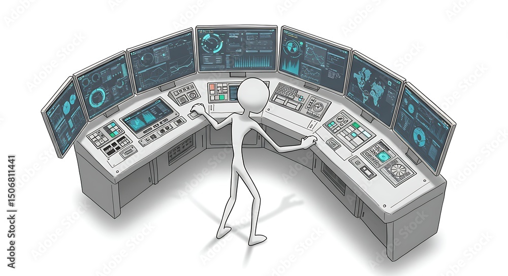 Fototapeta premium Stick Figure Operates Futuristic Control Panel with Multiple Dis