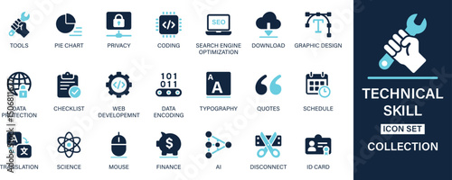 Technical skill icon set collection. Tools, pie chart, privacy, coding, search engine, graphic design, data protection, checklist, data encoding. And solid icon set.
