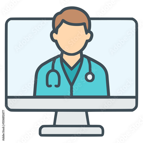 online doctor medical healthcare consultation on screen flat color vector illustration template design