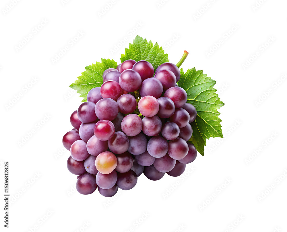 Fototapeta premium A Delightful Bunch of Red Globe Grapes with Vibrant Green Leaves