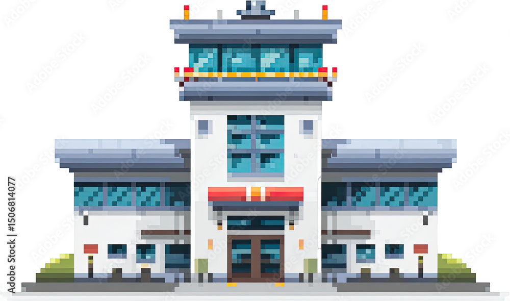 Obraz premium Pixel art representation of an airport terminal building.