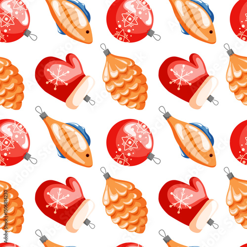 Christmas and Happy New Year seamless pattern in cartoon. Christmas toys decoration in a shape of fish, mitten and pine cone. Retro, vintage illustration on a white background.