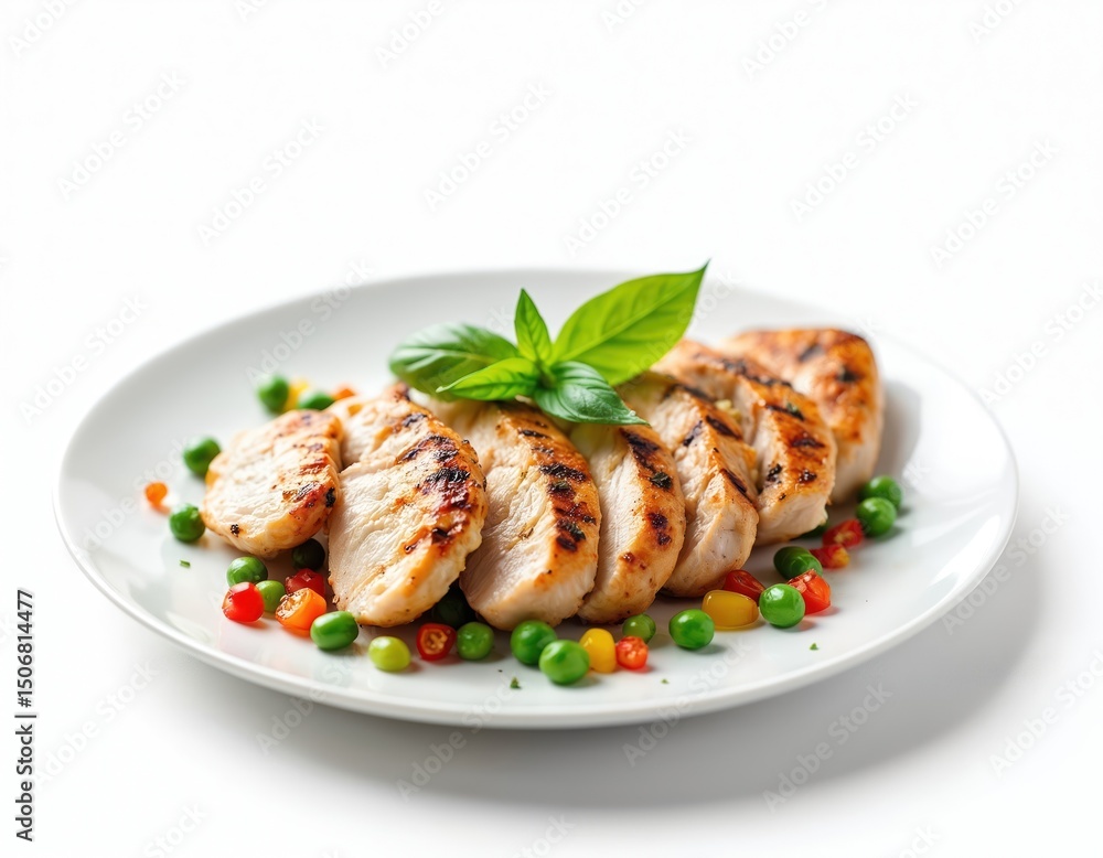 Grilled chicken breast slices served on white plate with fresh basil, pepper mix peas. Healthy meal, diet food with roasted fillet. Barbecue cooked meat for dinner, lunch. Grilled chicken breast slices served on white plate with fresh basil, pepper mix peas. Healthy meal, diet food with roasted fillet. Barbecue cooked meat for dinner, lunch.
