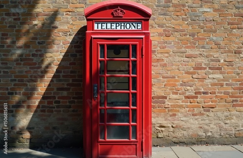 Iconic red telephone box stands brick wall. Symbol British culture, vintage design, urban scene. Landmark England, traditional phone booth against textured background, shadow play.