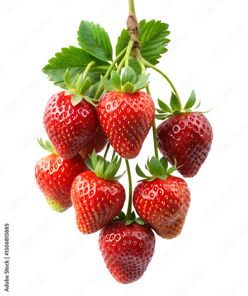 Cluster of ripe, juicy strawberries hanging from a stem on white background Cluster of ripe, juicy strawberries hanging from a stem on white background