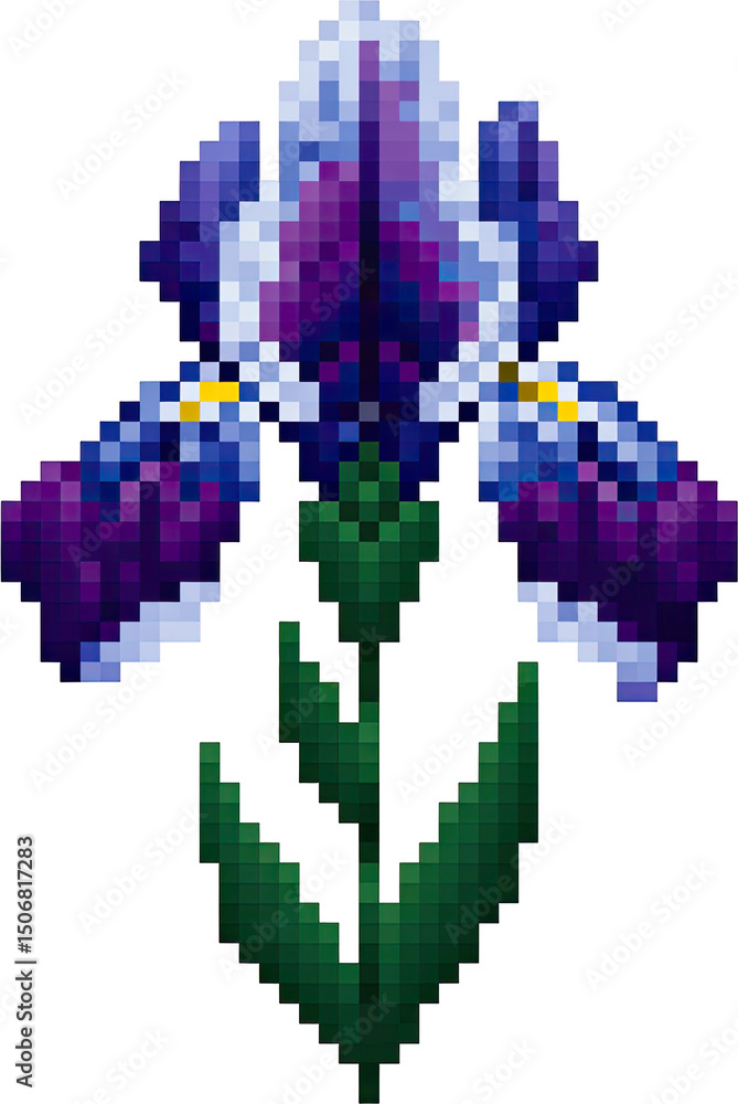 Fototapeta premium Pixelated illustration of a vibrant purple and white iris flower.