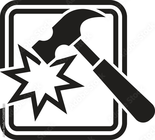Minimalist Hammer Impact Icon with Radial Burst in Black and White