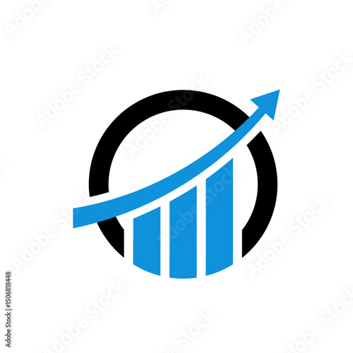 stylized bar graph with three ascending columns enclosed within a circle. An arrow curves upwards and to the right, originating from the bars, signifying growth, progress, and positive trends.