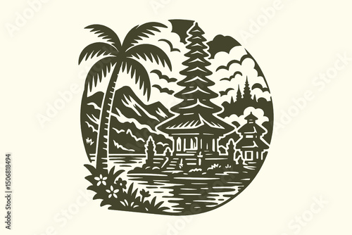 Balinese temple with palm tree engraving style vector illustration

