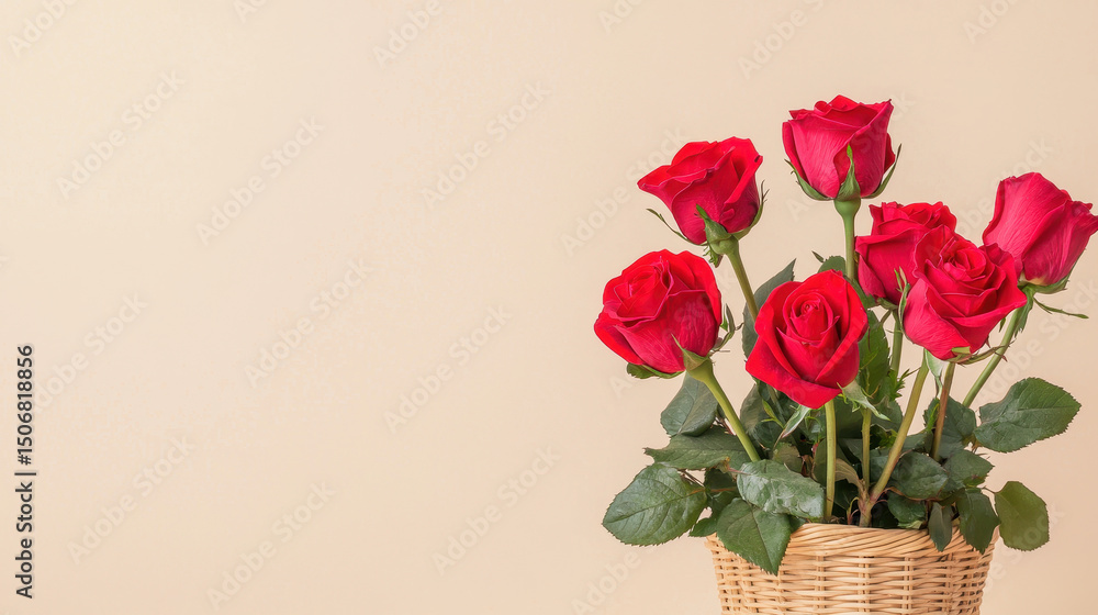 Beautiful basket of red roses against soft beige background, symbolizing love and elegance Beautiful basket of red roses against soft beige background, symbolizing love and elegance