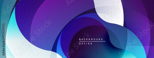 Abstract background features overlapping translucent shapes. Shades range from deep purple to bright cyan. Modern design element.