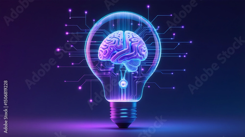futuristic translucent light bulb intricate swirling circuits radiant glowing AI brain at its center neon blue purple hues gradient background digital art style reminiscent of futuristic concept art