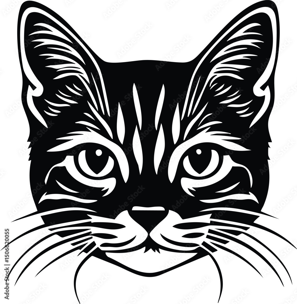 Obraz premium Cat face portrait, black outline clipart style illustration, transparent background vector