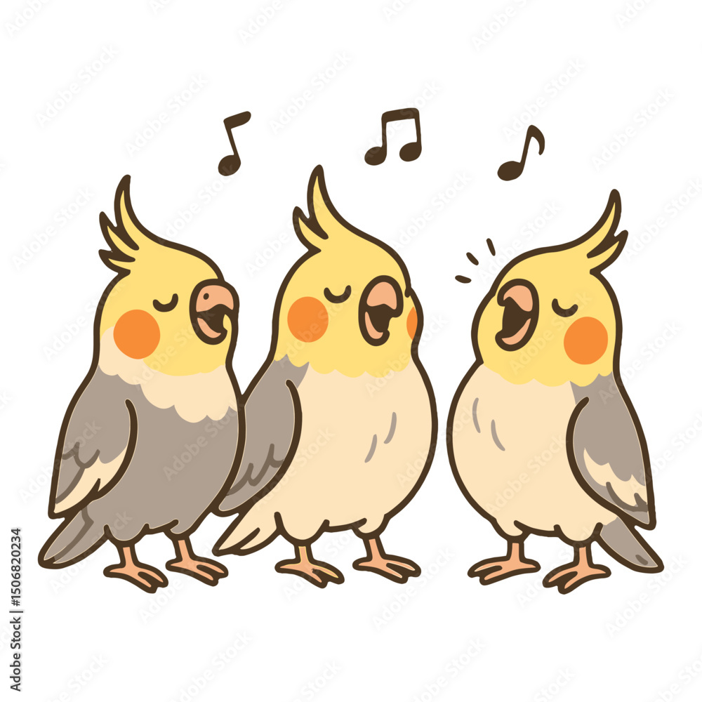 Fototapeta premium Singing cockatiels cartoon illustration vector