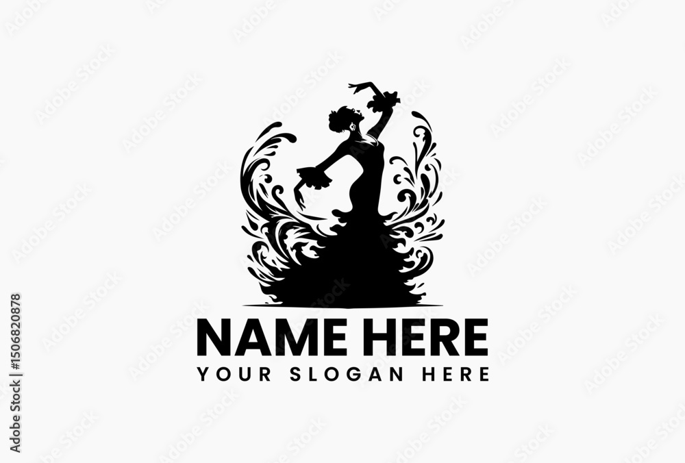Creative vector illustration of a female dancer's silhouette in a dynamic pose with flowing artistic dress