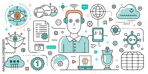 Modern flat line design illustration of artificial intelligence and machine learning technology
