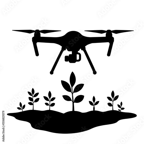 Silhouette of Drone Spraying Water on Saplings for Reforestation Efforts