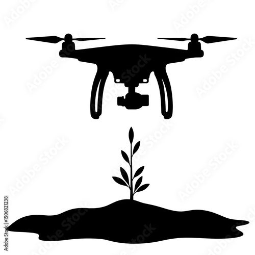 Silhouette of Drone Planting Sapling for Reforestation and Conservation