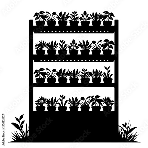 Silhouette of Vertical Farm Shelves with Plants for Urban Agriculture