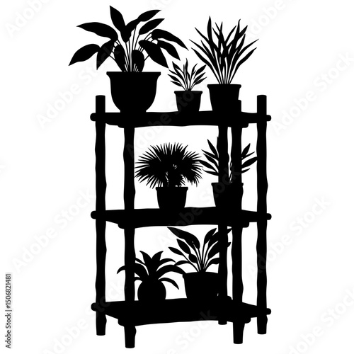 Silhouette of Tiered Bamboo Stand with Indoor Plants for Home Garden Decor