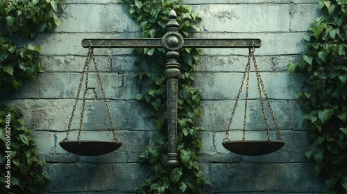Symbolic scale of justice against a textured wall with greenery.