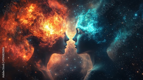 Two profiles with cosmic energy and vibrant colors representing creativity.
