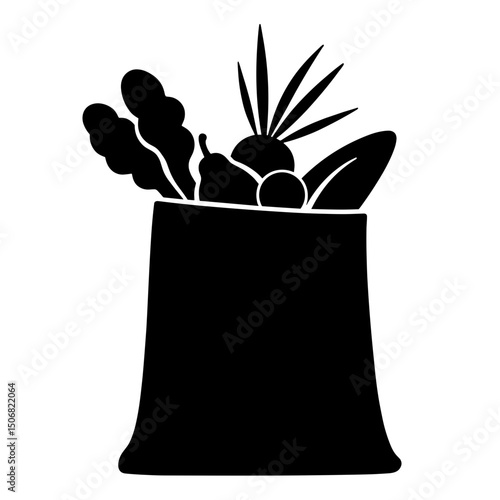 Silhouette of Grocery Bag with Fresh Vegetables and Grains, Healthy Food Staples