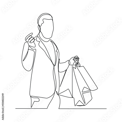 Continuous singe one line drawing art of happiness man holding paper shopping bags. Vector illustration of shopper big sale consumerism sketch editable stroke