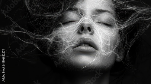Woman's face with closed eyes, surrounded by wispy hair and ethereal atmosphere.