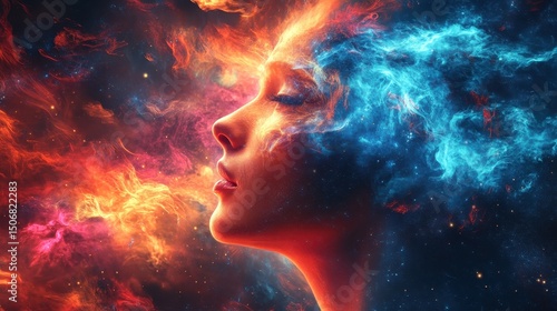 Woman's silhouette surrounded by vibrant cosmic colors and ethereal energy.