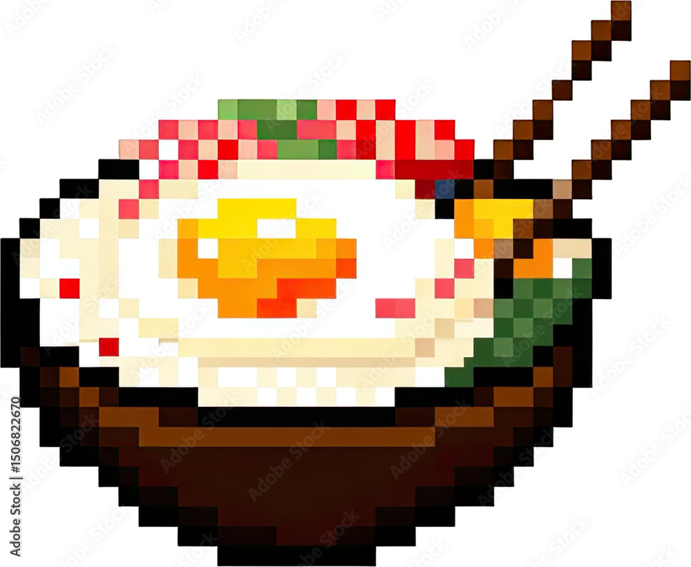 Obraz premium Pixelated dish of food with egg and garnish.