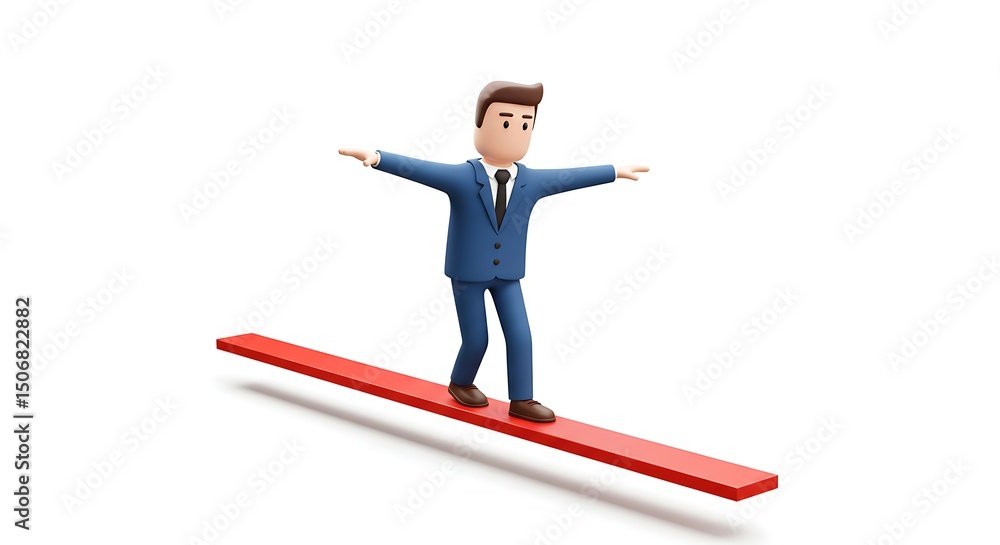 Businessman Balancing on Red Plank, 3D Render Businessman Balancing on Red Plank, 3D Render